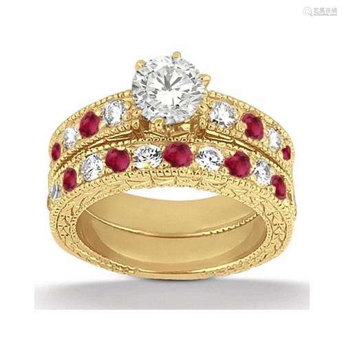 Antique style Diamond and Ruby Bridal Set 14k Yellow Go