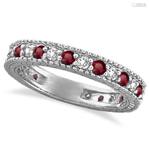 Diamond and Garnet Eternity Ring Filigree Band 14k Whit