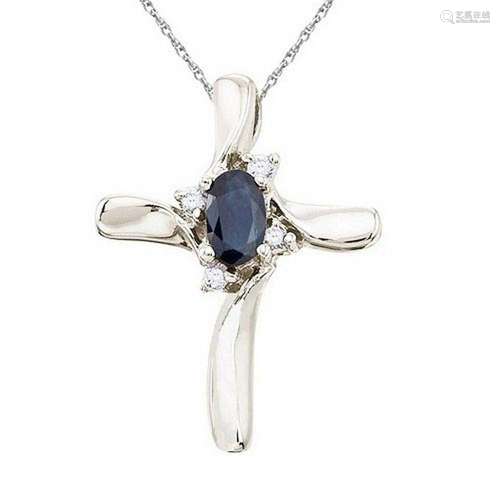 Blue Sapphire and Diamond Cross Necklace Pendant 14k Wh