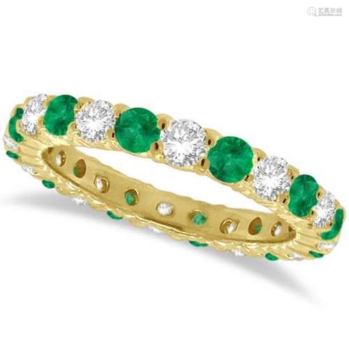 Emerald and Diamond Eternity Ring Band 14k Yellow Gold