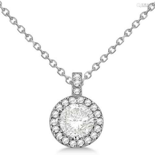 Diamond Halo Pendant Necklace Round Solitaire 14k White