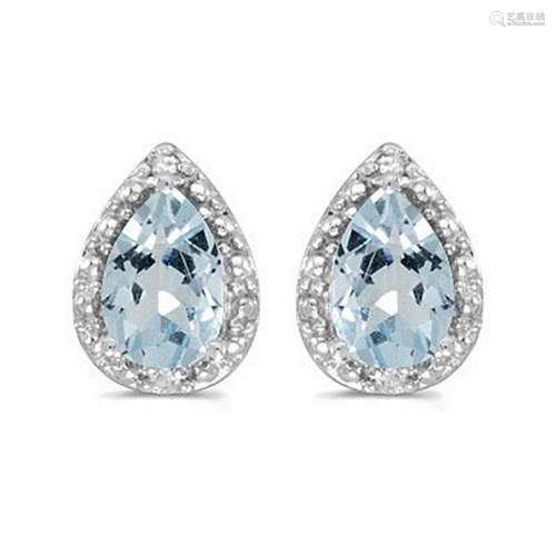 Pear Aquamarine and Diamond Stud Earrings 14k White Gol