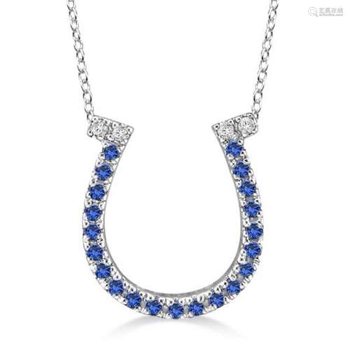 Sapphire and Diamond Horseshoe Pendant Necklace 14k Whi