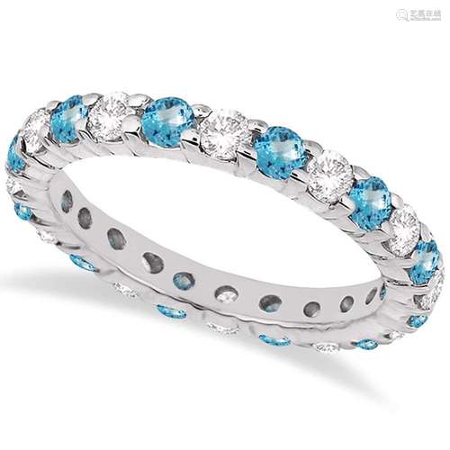 Eternity Diamond and Blue Topaz Ring Band 14k White Gol