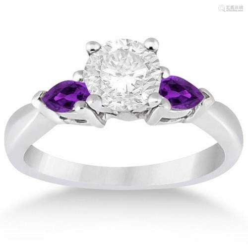 Pear Cut Three Stone Amethyst Engagement Ring 14k White