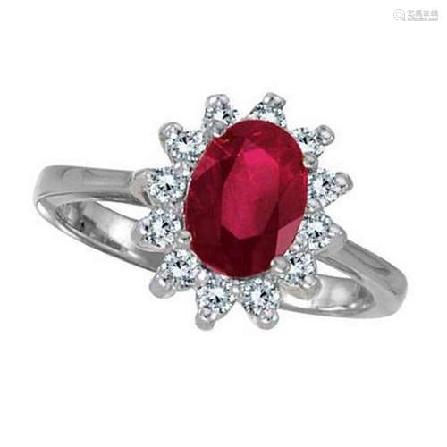 Lady Diana Oval Ruby and Diamond Ring 14k White Gold 1.