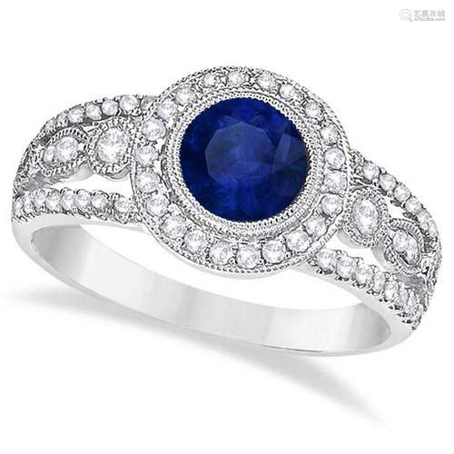 Vintage Style Blue Sapphire and Diamond Ring 14k White