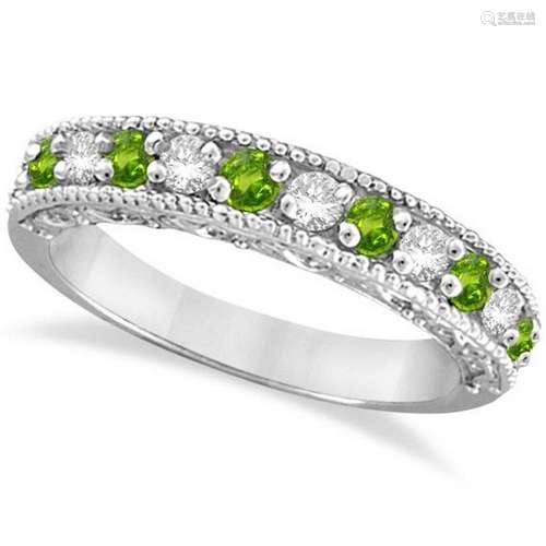 Diamond and Peridot Band Filigree Design Ring 14k White