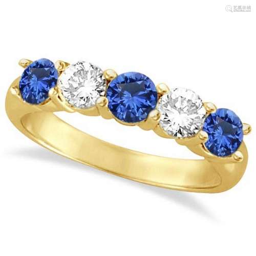 Five Stone Blue Sapphire and Diamond Ring 14k Yellow Go