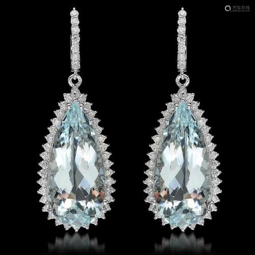 14K Gold 39.87ct Aquamarine & 2.36ct Diamond Earrings