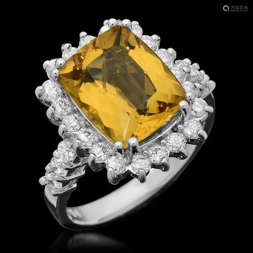 14K White Gold 4.69ct Yellow Beryl and 1.08ct Diamond Ring