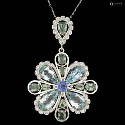 14K Gold 20.11ct Aquamarine 3.52ct Sapphire 1.49ct Diamond P...