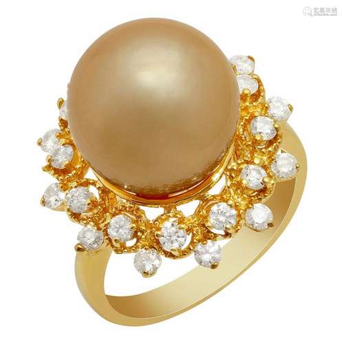 14k Yellow Gold 12mm Pearl 0.78ct Diamond Ring