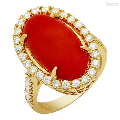 14k Yellow Gold 8.18ct Coral 0.92ct Diamond Ring