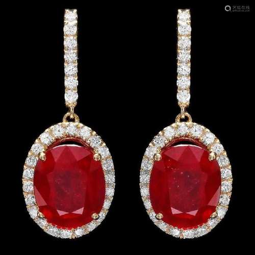 14K Yellow Gold 12.60ct Ruby and 1.00ct Diamond Earrings