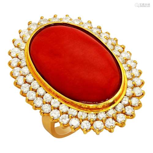 14k Yellow Gold 31.24ct Coral 2.14ct Diamond Ring