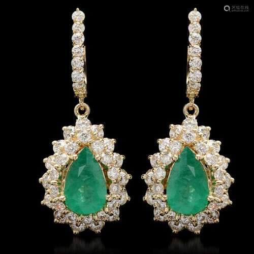 14K Gold 3.28ct Emerald 3.12ct Diamond Earrings