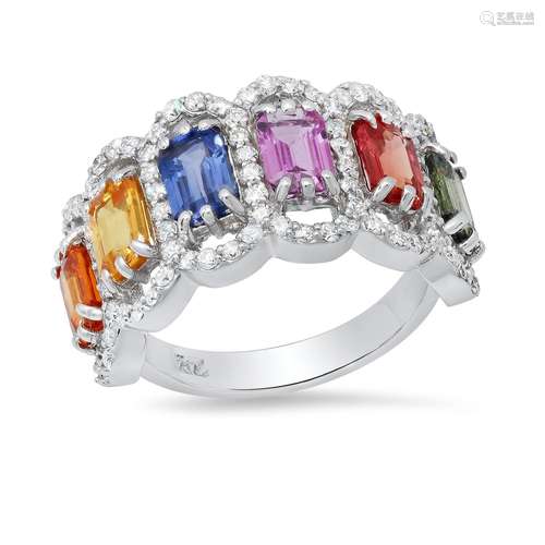 14K White Gold with 3.95ct Multi-Color Sapphire and 1.05ct D...