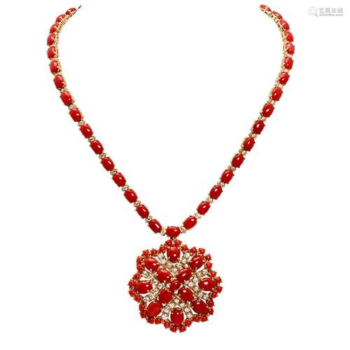 14k Yellow Gold 46.91ct Coral 3.14ct Diamond Necklace