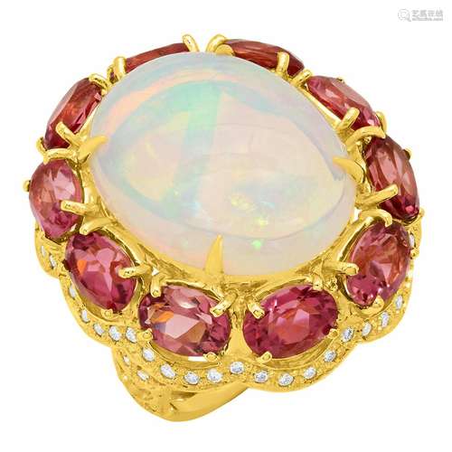 14k Yellow Gold 10.52ct Opal 8.67ct Pink Tourmaline 1.10ct D...