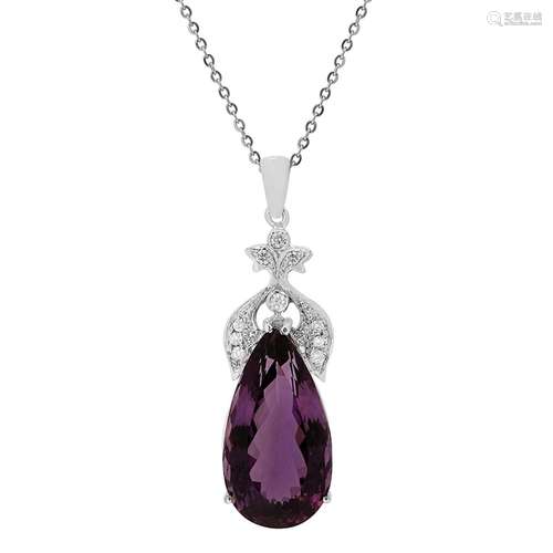 14k White Gold 32.85ct Amethyst 0.57ct Diamond Pendant