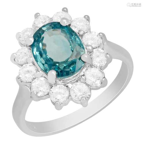 14k White Gold 2.90ct Blue Zircon 0.96ct Diamond Ring