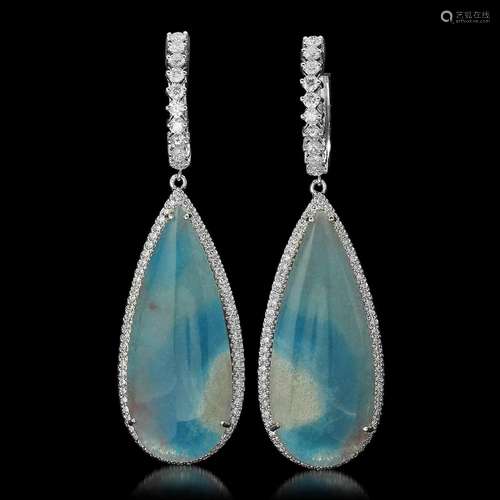 14K Gold 35.18ct Chalcedony 2.29ct Diamond Earrings