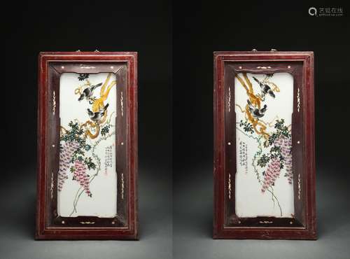 Pair Porcelain Plates with Flower and Bird Design