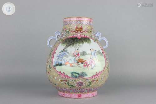 Color Enameled Zun-vase with Children Playing Patterns on De...