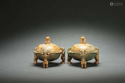 Pair Gilt Bronze Censers with Three Legs (Jade Cover)