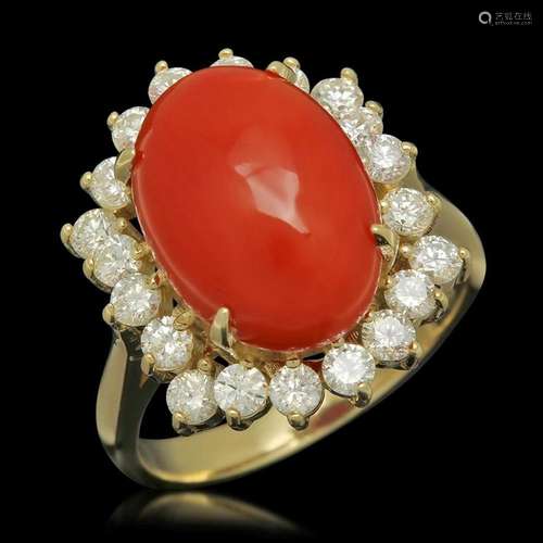 14K Yellow Gold 5.68ct Coral and 1.01ct Diamond Ring