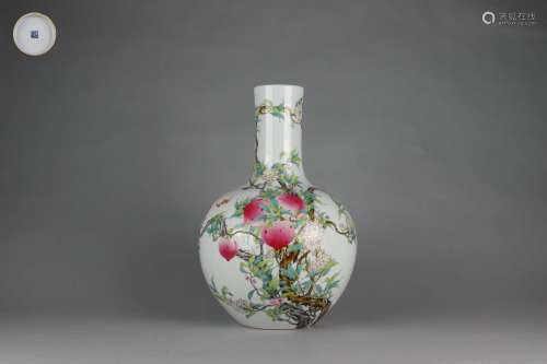 Famille-rose Globular-shape Vase with Nine Peaches, Qianlong...