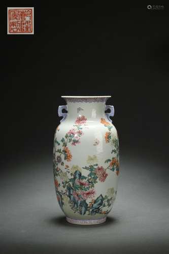 Famille Rose Lantern-shaped Vase with Floral and Poem Inscri...