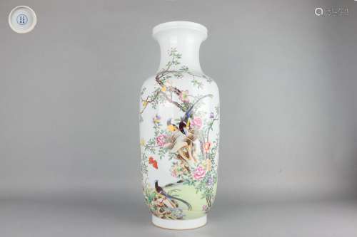 Color Enameled Stick-shaped Vase with Flower and Bird Patter...