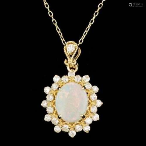 14K Gold 0.89ct Opal 0.66ct Diamond Pendant