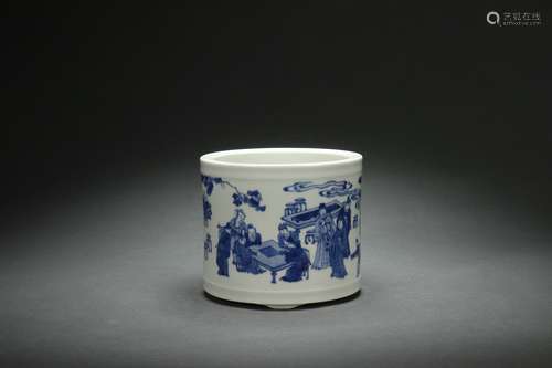 Blue-and-white Brush Holder with Figure Story Patterns, Qing...