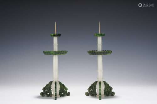 Pair White Jade Candlesticks with Jasper Inlaid, Qing Dynast...