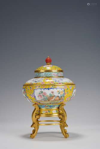 Chinese Painted Enamel Stem Censer with “Live and Work in Pe...