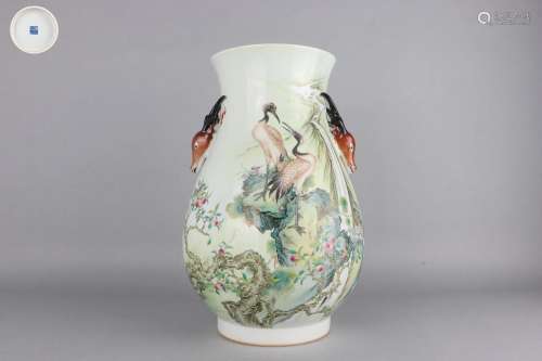 Famille Rose Zun-vase with Deer Head and Crane Patterns, Qia...