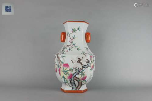 Famille Rose Zun-vase with Gold Outlining Design, Double Ear...