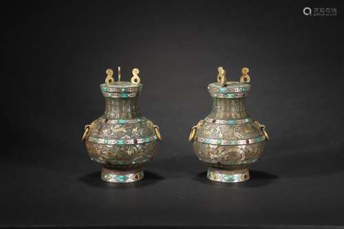 Pair Copper Vases with Gold and Silver Plating