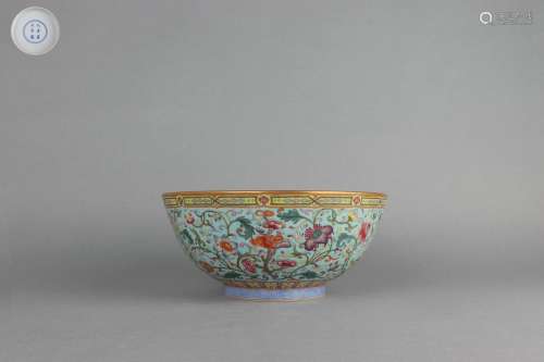 Famille Rose Bowl with Happiness, Floral Patterns and Gold O...