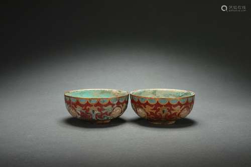 Pair Bronze with Gold Inlaid Bowls Embedded Jade