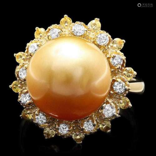 14K Yellow Gold 12mm South Sea Pearl 0.43ct Sapphire and 0.3...