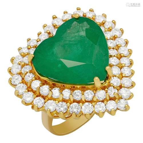 14k Yellow Gold 12.10ct Emerald 2.78ct Diamond Ring