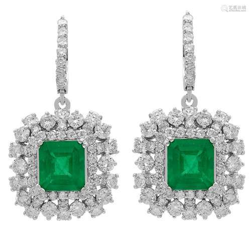 14k White Gold 5.72ct Emerald 5.69ct Diamond Earrings