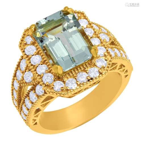 14k Yellow Gold 3.79ct Aquamarine 1.44ct Diamond Ring