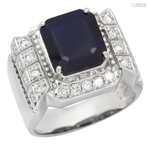 14K White Gold 5.75ct Sapphire and 1.01ct Diamond Mens Ring