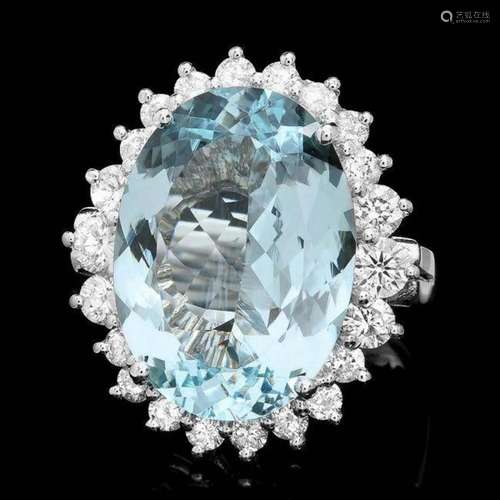 14K White Gold 9.12ct Aquamarine and 1.17ct Diamond Ring