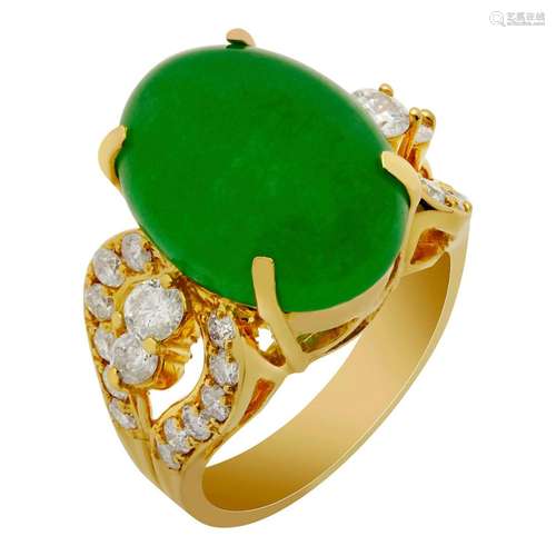 14k Yellow Gold 9.41ct Jade 1.27ct Diamond Ring